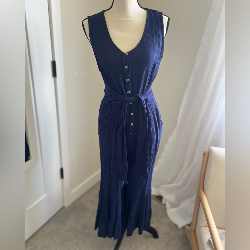 Bohme Sleeveless Tie Front Maxi Ruffle Flare Romper Jumpsuit